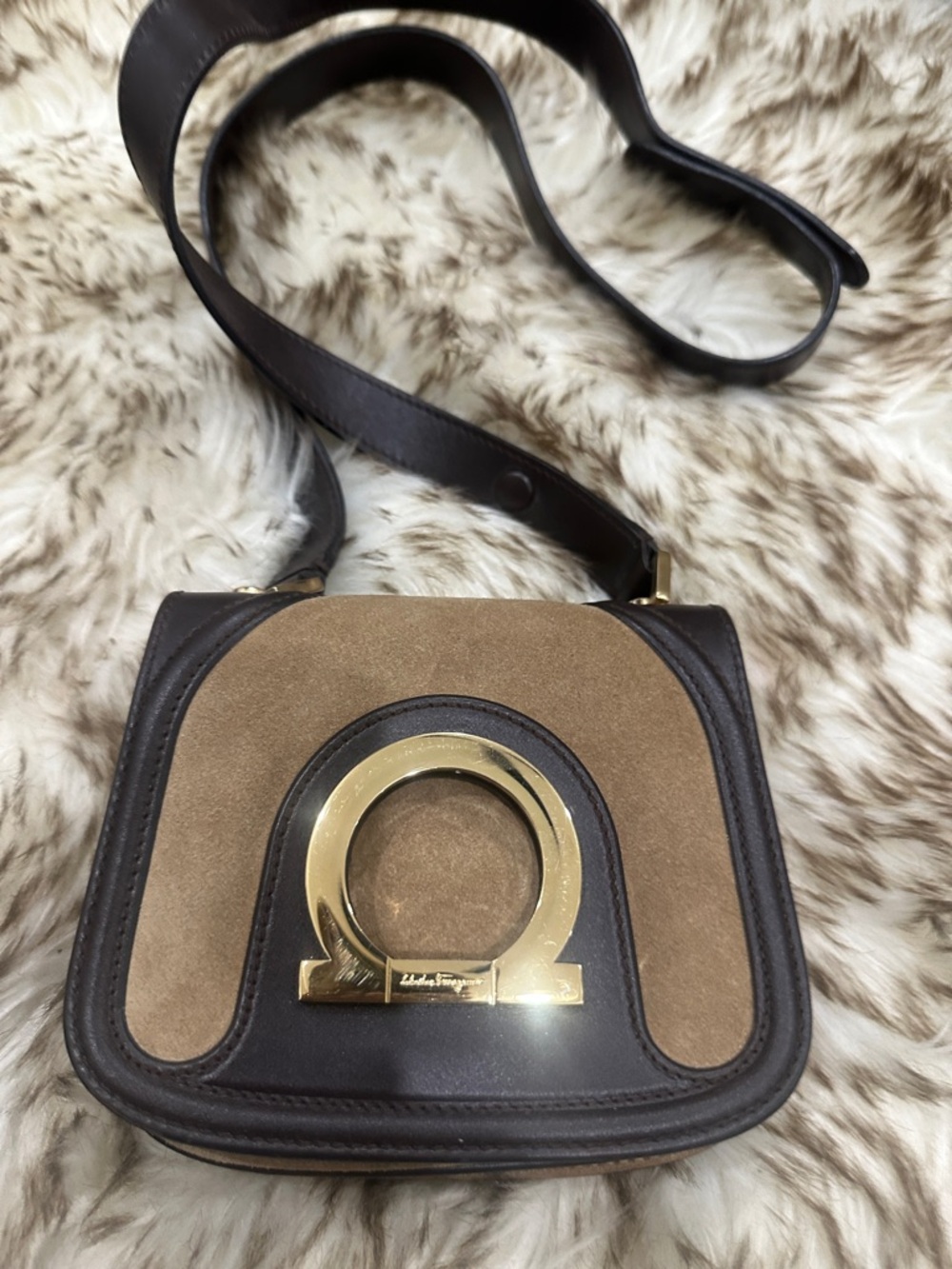 Salvatore Ferragamo Brown Suede and Dark Brown Leather Gancini Crossbody